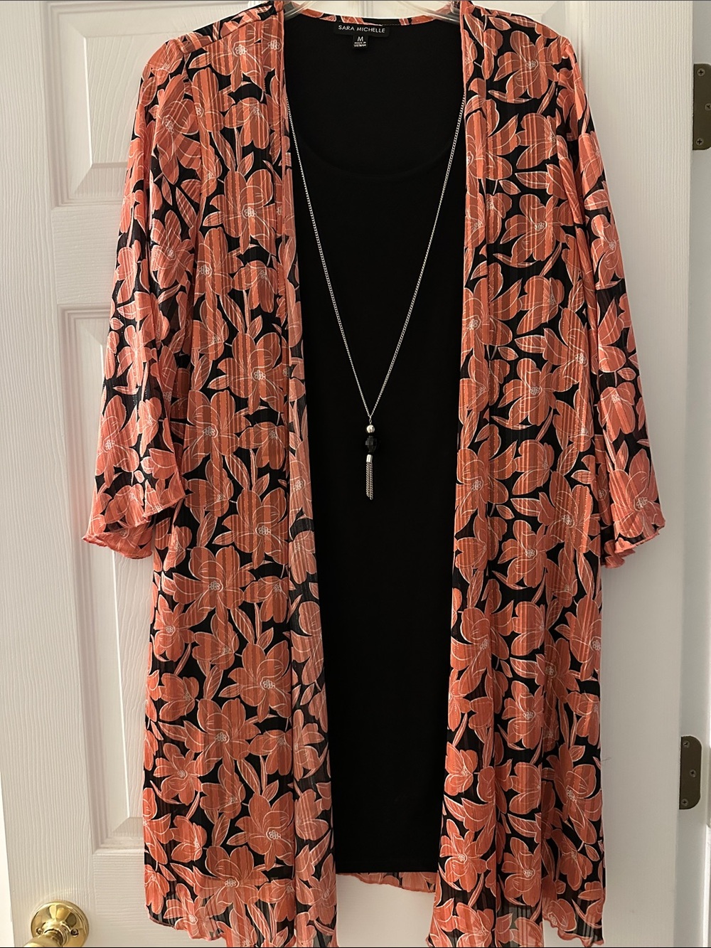 Sara Michelle black dress with Coral Floral Open-Front Kimono